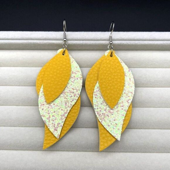 Yellow Faux Leather with Sequin Layered Leaf 316L Stainless Steel Hook Earrings - Picture 7 of 10